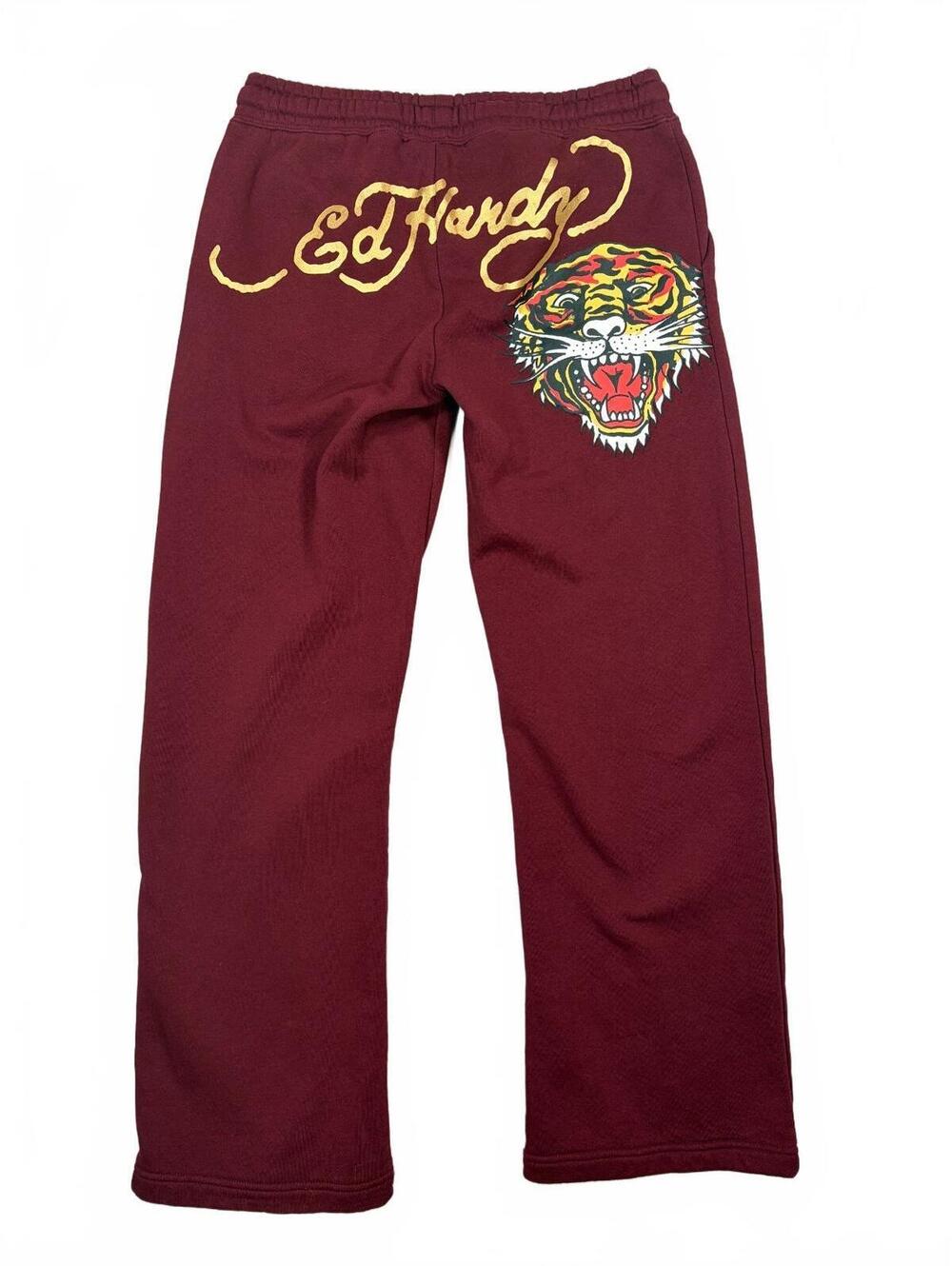 Ed Hardy Retro Tiger Burgundy Sweatpants Size Large Y2K Graphic Gold Foil